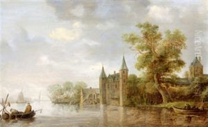 Hollandische Flusslandschaft Mit Einem Wasserschloss Und Fischerbooten