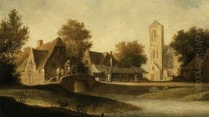 Dorf An Einem Fluss Mit Marktbuden Und Einem Quacksalber Mit Zuschauern