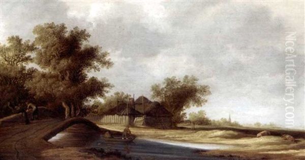 River Landscape With Figures On A Bridge, A Farmhouse Beyond - view 1