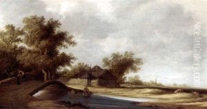 River Landscape With Figures On A Bridge, A Farmhouse Beyond by Pieter de Neyn