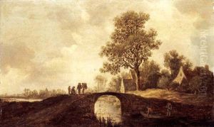 A River Landscape With Boors Beside A Bridge, A Village Beyond by Pieter de Neyn