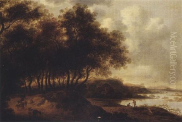 A Wooded River Landscape With A Shepherd, Sheep And A Goat On A Track - view 1