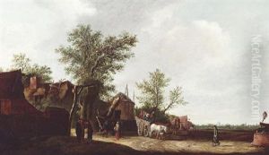Dorflandschaft Mit Pferdefuhrwerk Und Figurenstaffage Dorflandschaft Mit Pferdefuhrwerk Und Figurenstaffage