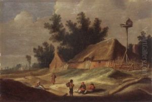 Weg Mit Lagernden Bauern Vor Stroh Gedecktem Haus Mit Taubenschlag