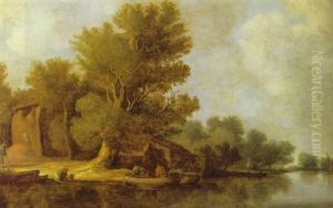 A River Landscape With Peasants On A Bank Beside A Barn, A Sailing Vessel Beyond