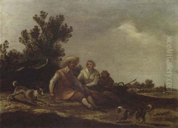 A Dune Landscape With Travellers Resting By A Fence And Dogs Playing In The Foreground, Sheep In A Meadow And A Church Spire Beyond - view 1