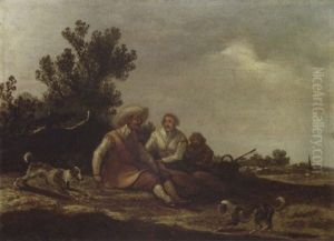 A Dune Landscape With Travellers Resting By A Fence And Dogs Playing In The Foreground, Sheep In A Meadow And A Church Spire Beyond by Pieter de Neyn