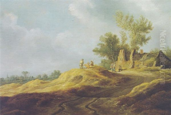 Dune Landscape With Figures On A Hill, Trees And A Cottage In The Background - view 1