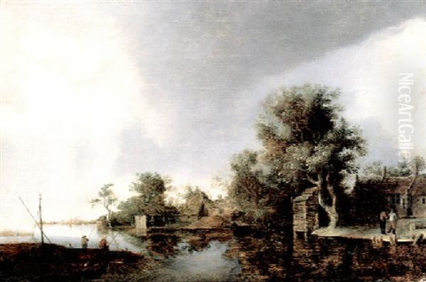 Flusslandschaft Mit Bauernhausern Und Anglern - view 1