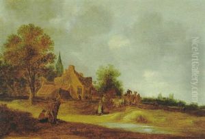 Landschaft Mit Dorf Und Figuren An Einem Bach Landschaft Mit Dorf Und Figuren An Einem Bach