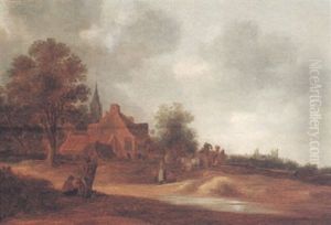 A Landscape With Cottages, A Church Spire And Figures By A Stream