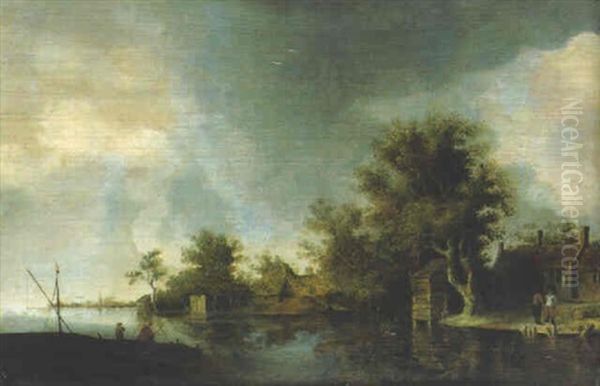 A River Landscape With Cottages And Fisherman - view 1