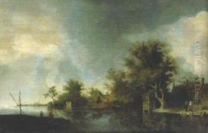A River Landscape With Cottages And Fisherman
