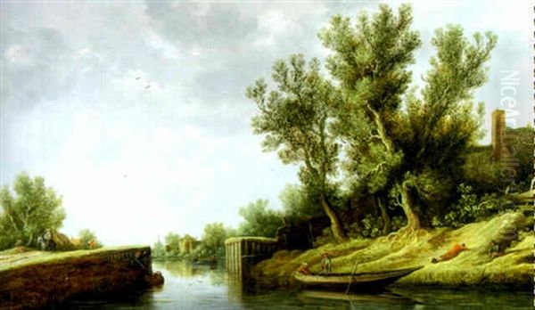 Fluslandschaft Mit Booten, Wanderern Und Reitern - view 1