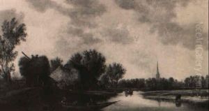 Fluslandschaft Mit Heuwagen Und Ruderboot