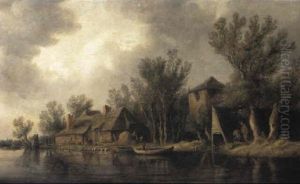 River Bank Scene With Cottages And Angler by Pieter de Neyn