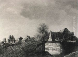 Peasants In A Cart By A Riverbank With Cottages Beyond