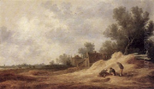 Three Peasants In Conversation At The Foot Of A Sandy Bank At A Roadside Leading Past Farm Buildings - view 1