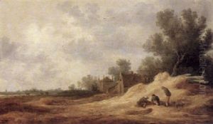 Three Peasants In Conversation At The Foot Of A Sandy Bank  At A Roadside Leading Past Farm Buildings by Pieter de Neyn
