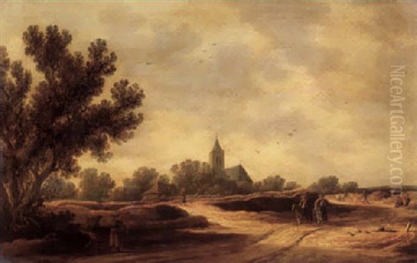 Two Horsemen Riding Along A Country Path Away From A Village - view 1