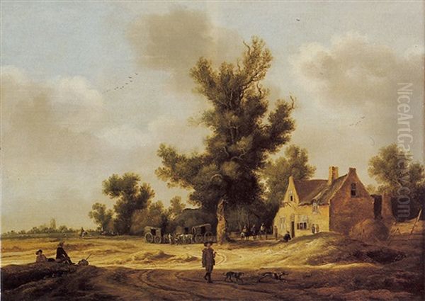 Open Landscape With Travellers At Rest Beside An Inn, And A Figure With Dogs On A Path In The Foreground - view 1