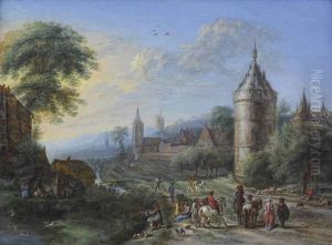 A Village Scene With Cavaliers And Elegant Figures Conversing In The Foreground, A Hunter Shooting Ducks On A Pond To The Left by Gillis Neyts