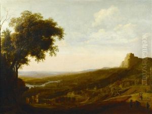 An Extensive Landscape With Travellers On A Track And A Village Beyond by Gillis Neyts