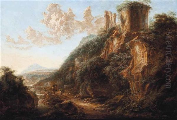 A Mountainous Italianate Landscape With Travellers On A Path By A Stream, Ruins In The Foreground - view 1