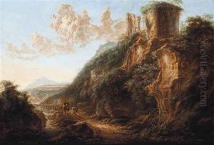A Mountainous Italianate Landscape With Travellers On A Path By A Stream, Ruins In The Foreground by Gillis Neyts