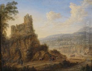 Landschaft Mit Einer Hochgelegenen Burg Und Sich Unterhaltenden Personen by Gillis Neyts