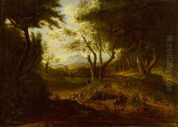 Waldlandschaft Mit Reitenden Jagern Und Hunden - view 1