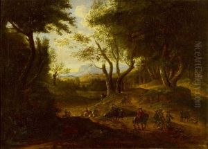 Waldlandschaft Mit Reitenden Jagern Und Hunden by Gillis Neyts