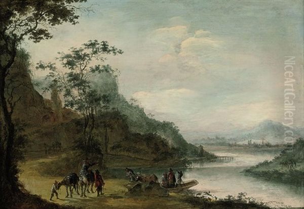 A Wooded Landscape With Figures Corssing A River - view 1