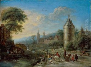 A Village Scene With Cavaliers And Elegant Figures Conversing In The Foreground, A Hunter Shooting Duck On A Pond by Gillis Neyts