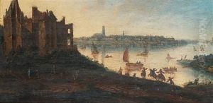 A River Landscape With A Hilltop Castle In The Foreground And A Town In The Distance by Gillis Neyts