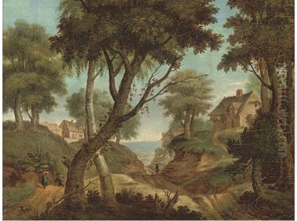 An Extensive Wooded Landscape With Travellers On Tracks (+ A Wooded Landscape With Two Figures Conversing On A Track; Pair) - view 1