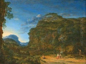 Arkadische Gebirgslandschaft Mit Figurenstaffage, Im Hintergrund Eine Phantastische Stadt