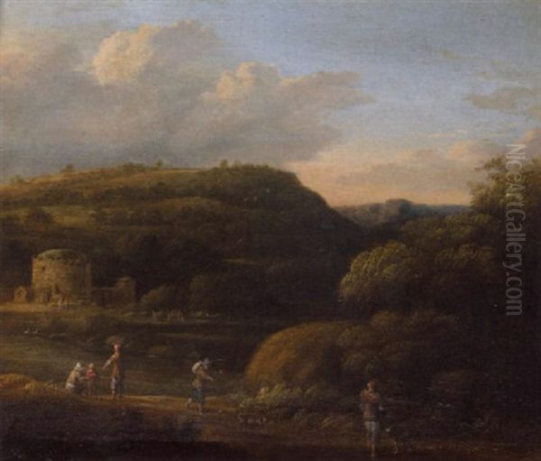 River Landscape With Figures On A Track, And Classical Ruins Beyond - view 1