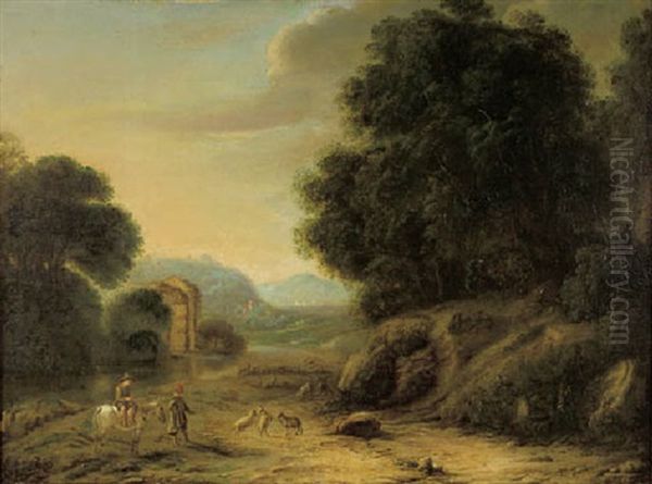 Shepherds On A Riverbank In A Wooded Landscape - view 1