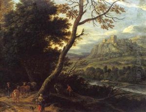 Paysage Boise Longeant Une Riviere Avec Des Villageois Et Leur Troupeau Paysage Boise Longeant Une Riviere Avec Des Villageois Et Leur Troupeau