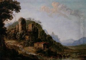 A Mountainous Landscape With Figures Resting Before A House, Situated Beneath A Ruined Castle