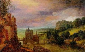 Stadttor Mit Ziehbrucke In Weiter Flusslandschaft