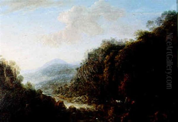 Promeneurs Pres D'une Riviere Dans Un Paysage De Montagne - view 1