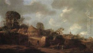 A Farm Near A Village With Peasants Resting In The Foreground A Farm Near A Village With Peasants Resting In The Foreground