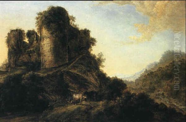 A Hilly Landscape With Cattle Grazing Before Castle Ruins - view 1