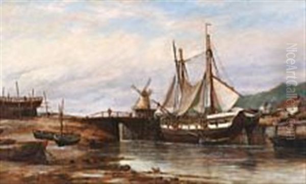 River Scene With Sailing Ships Near A Lock - view 1
