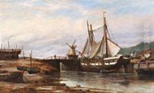 River Scene With Sailing Ships Near A Lock