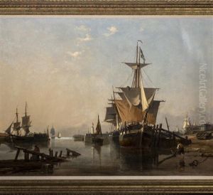Harbor With Ships And Fishing Boats At Anchor by Richard Henry Nibbs