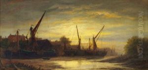 Beached Shipping At Dusk On The Upper Reaches Of The Thames Near Chiswick Eyot by Richard Henry Nibbs