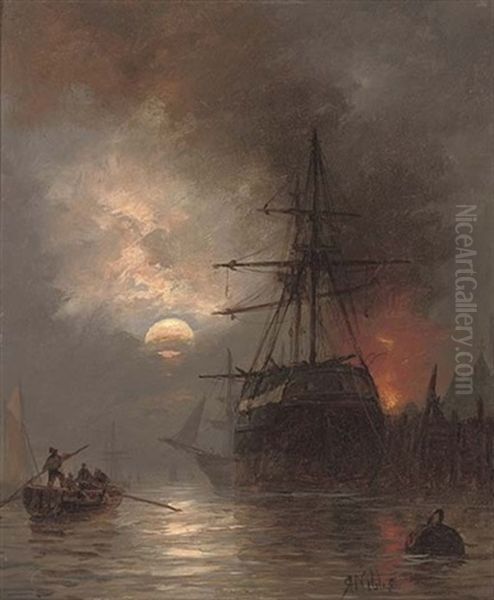 A Trading Brig In The Harbour By Moonlight (+ Barges On The Foreshore At Dusk; Pair) - view 1